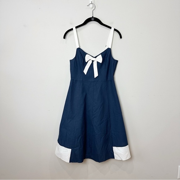 ModCloth Yours To Adore Dress Blue White Rockabilly PinUp Bow Front Fit n Flare - Picture 3 of 7
